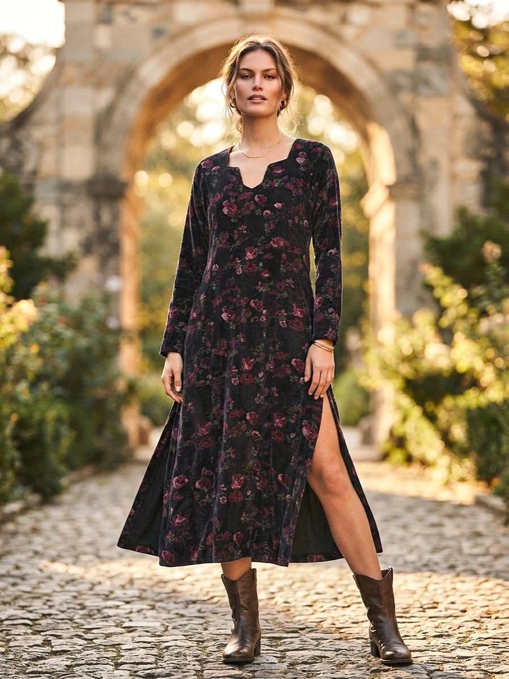 Boutique Corduroy Floral Long Sleeve Midi Dress in Black & Pink